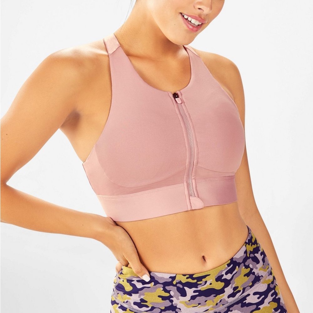 Fabletics Ellie Zip-Up No Bounce Sports Bra Light Mauve High Impact Size XL